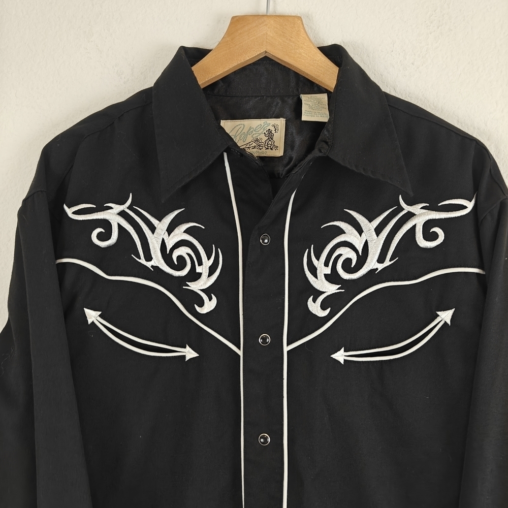 Vintage Roper Black Western Pearl Snap Shirt – White Embroidered Scroll Men’s LG - Picture 5 of 13